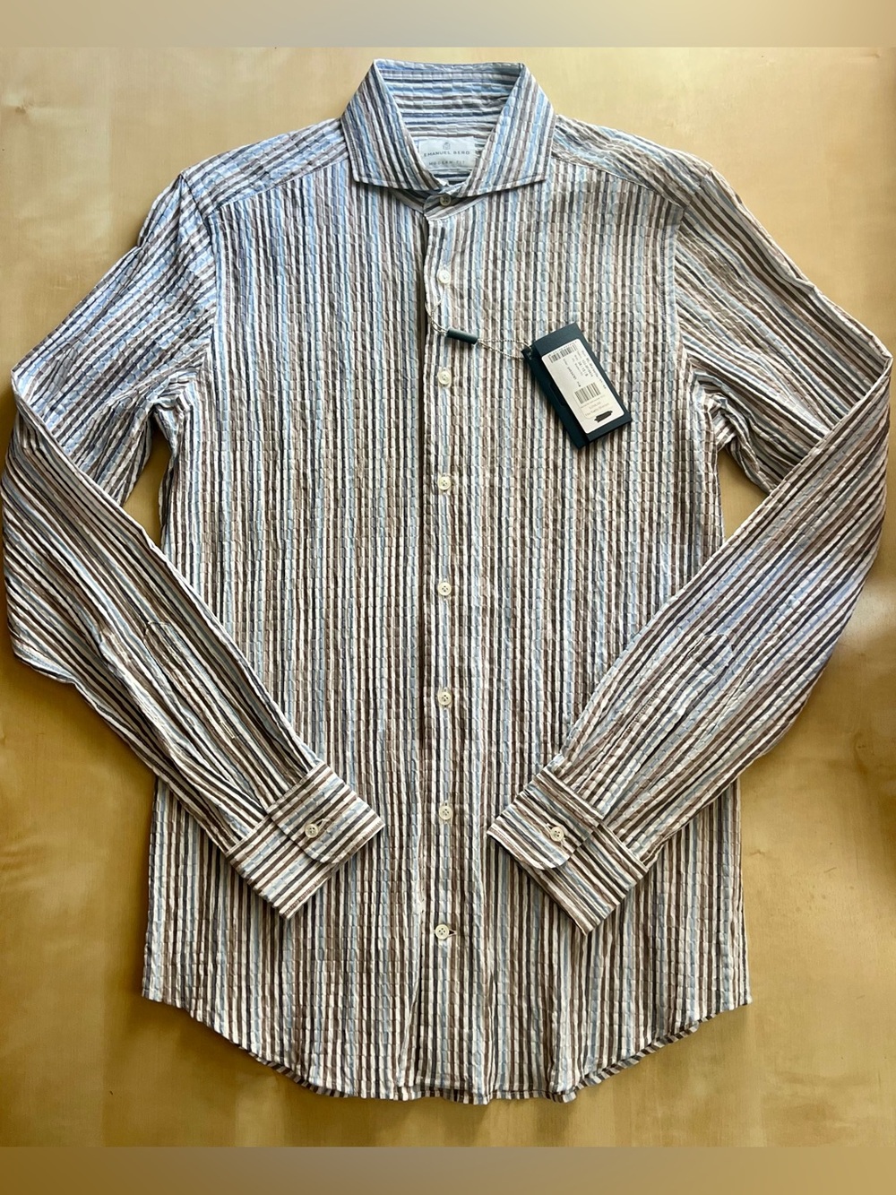 Emanuel Berg Striped Dress Shirt - Modern Fit Luxury Brown Blue White Small